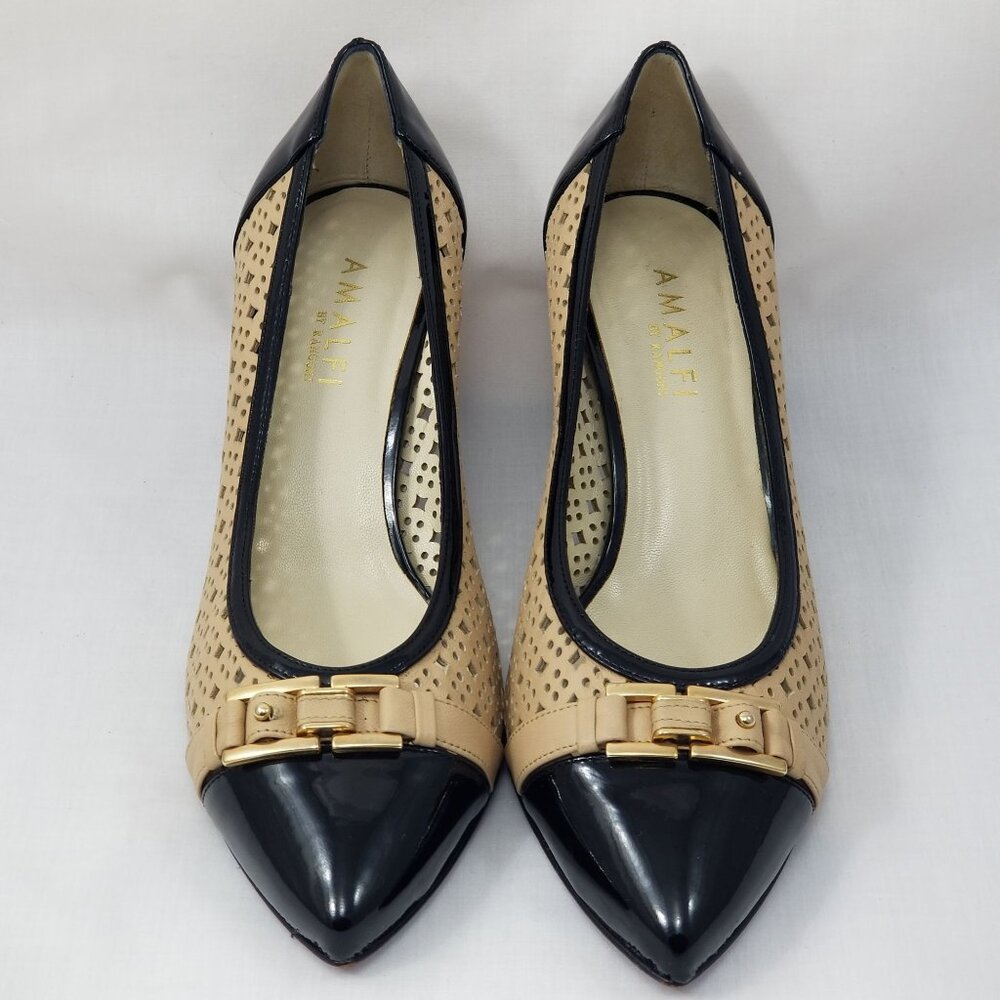 Amalfi By Rangoni Women's Vtg Leather Pumps Sz 8W Beige & Black Made In Italy